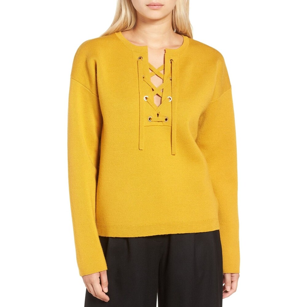 J Crew Collection Womens Bonded Lace-Up Sweater 100% Merino Wool Size XS Bronzed